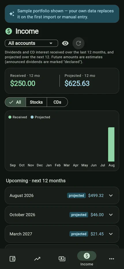 Fidolio on a phone: the Income screen with received and projected totals and a monthly bar chart