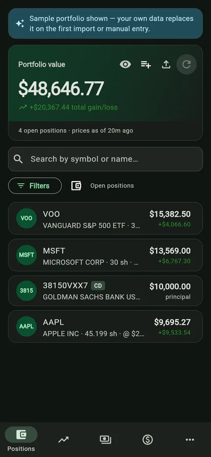 Fidolio on a phone: the Positions screen with a portfolio-value hero card and holdings list