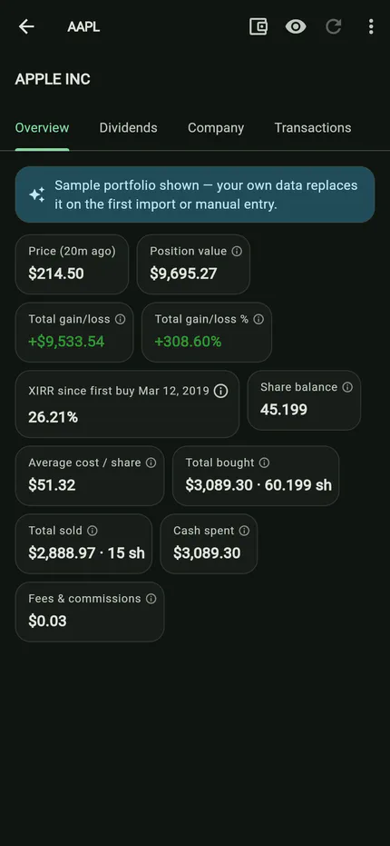 Fidolio on a phone: a stock page showing price, position value and gain/loss as stacked cards