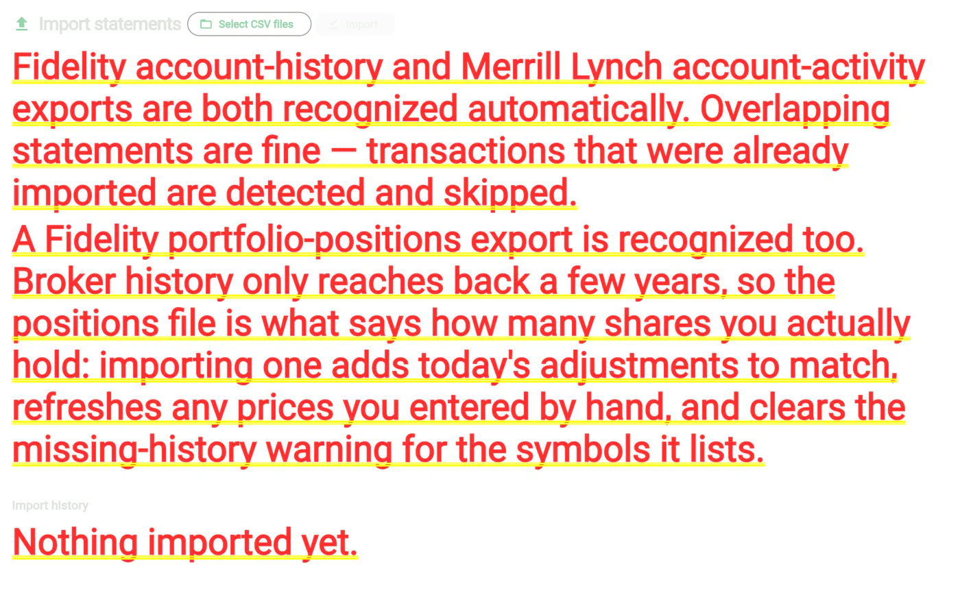 Fidolio's Import screen, explaining the accepted export formats above an empty import history
