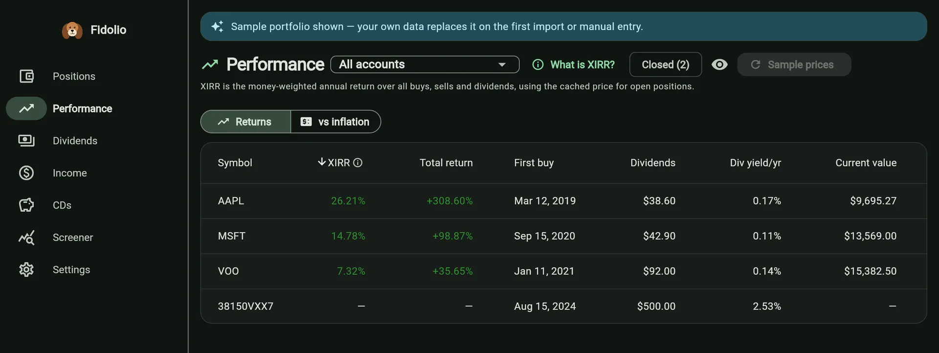 Fidolio's Performance table: XIRR, total return, first buy date, dividends, dividend yield per year and current value for AAPL, MSFT, VOO and a CD