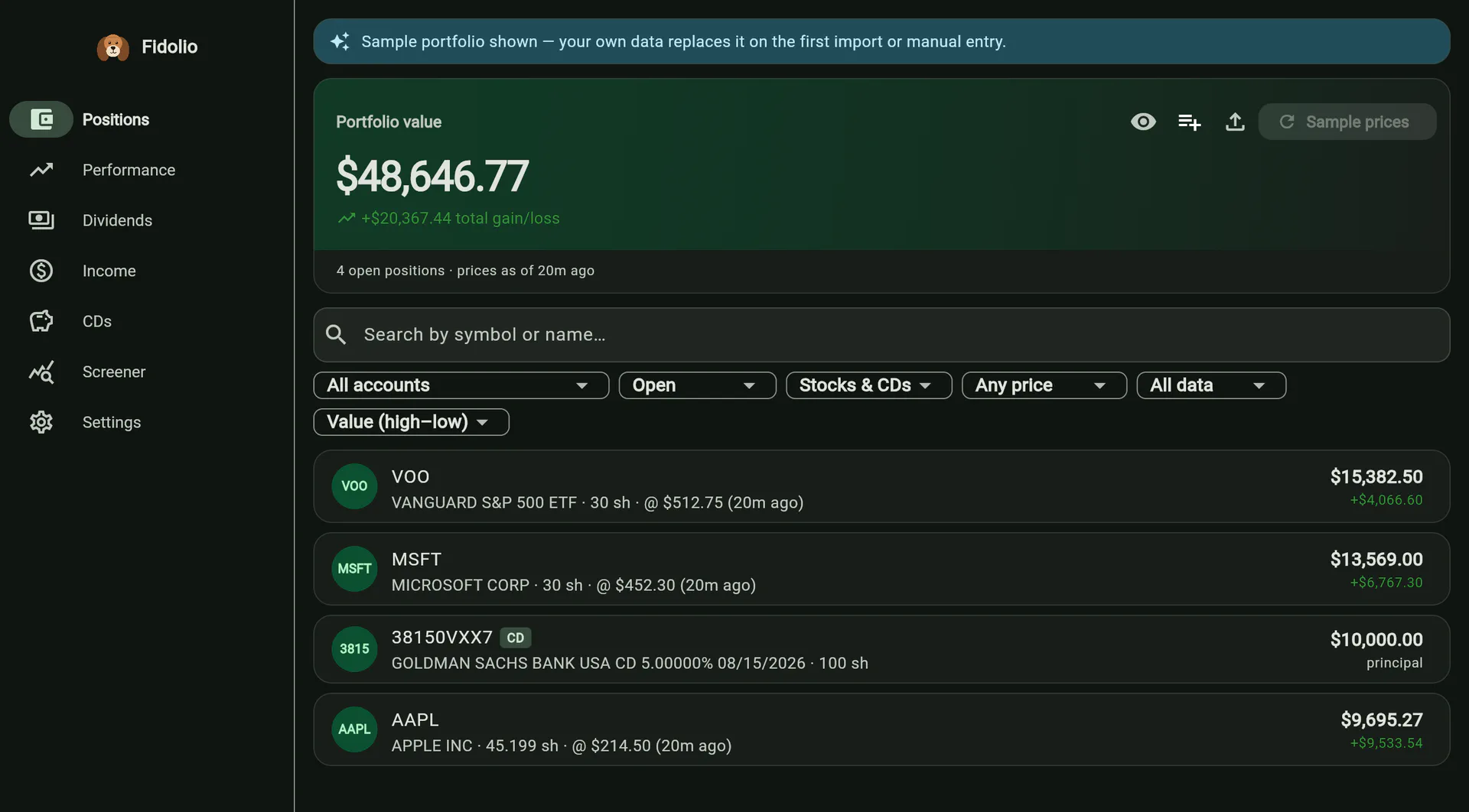 Fidolio's Positions screen: portfolio value, total gain/loss, and a filterable list of holdings including a CD