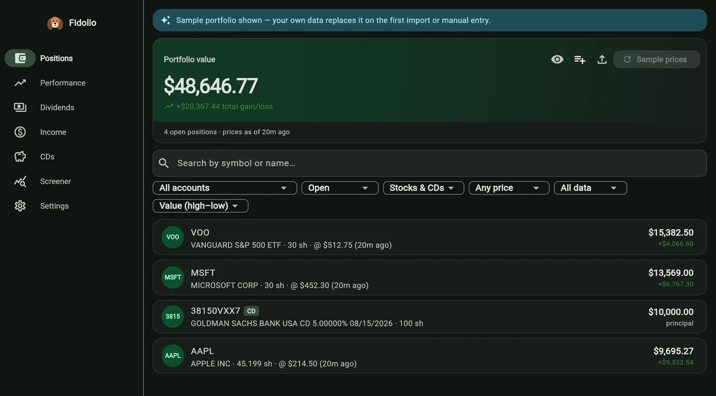 Fidolio's Positions screen: a portfolio-value hero card with total gain/loss, a search box, five filters, and holdings for VOO, MSFT, a CD and AAPL