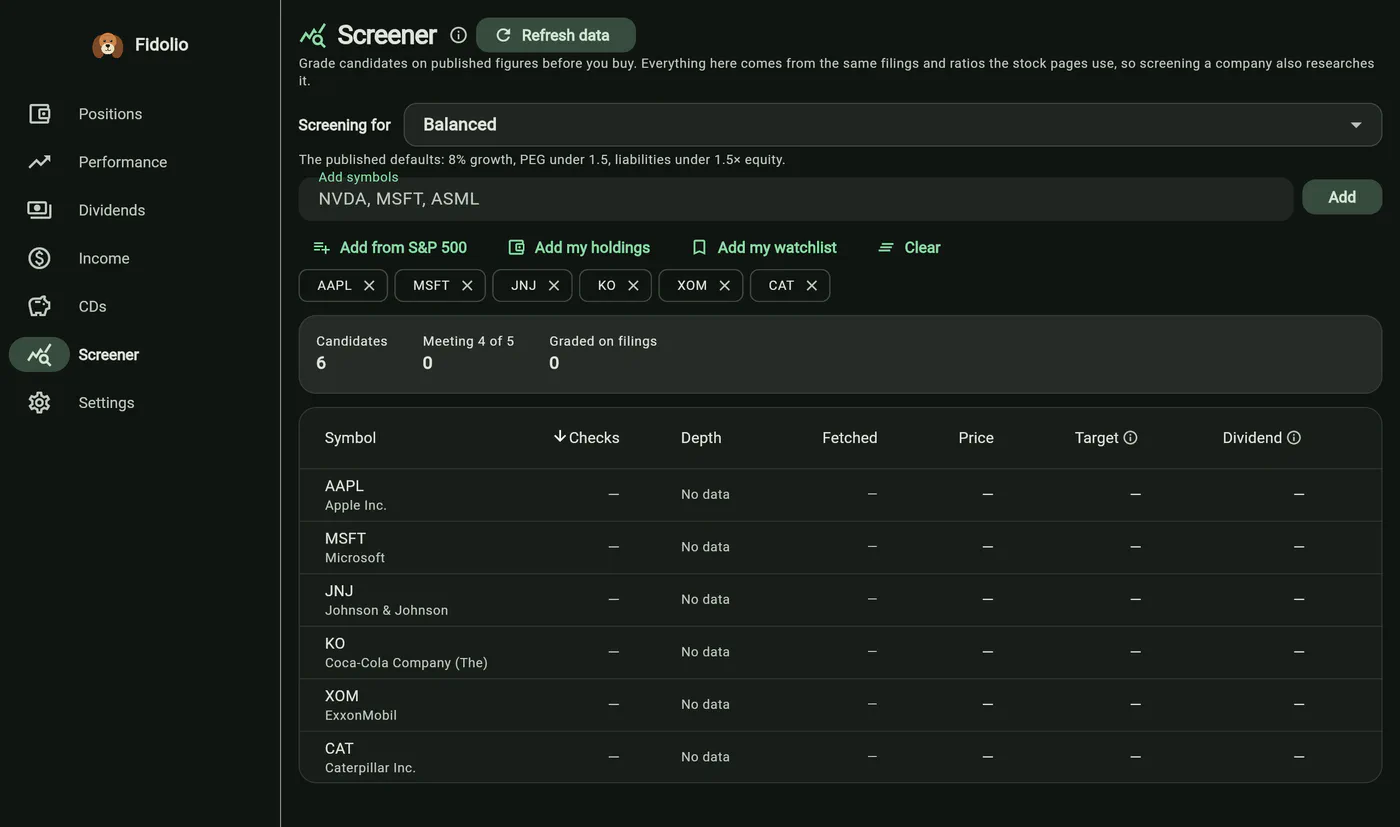 The screener grid with six candidates added, showing the Checks, Depth, Fetched, Price, Target and Dividend columns