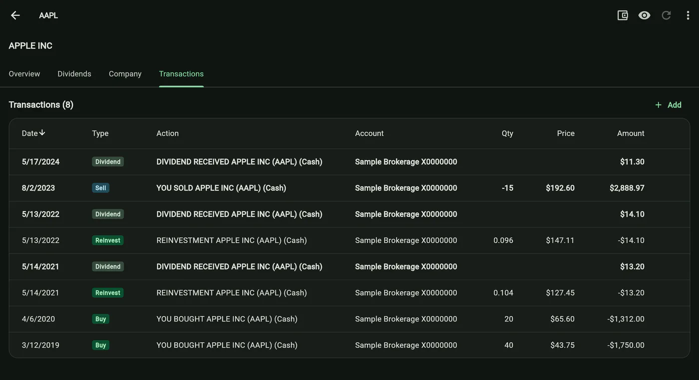 The Transactions tab of a stock page: dated rows tagged Dividend, Sell and Buy, each with its description, account and amount