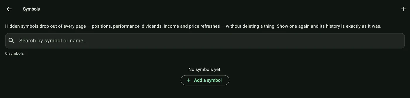 Fidolio's Symbols screen: every known symbol with a show/hide switch, a search box and an Add symbol button