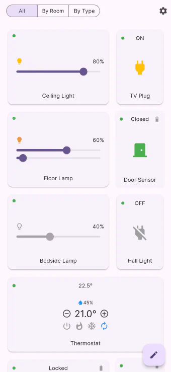 Flick's All view on a phone: dimmer, plug, sensor, thermostat and lock tiles on one scrolling page