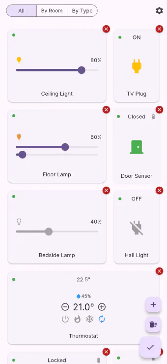Flick in edit mode on a phone, with a remove badge on every tile and buttons to add devices and scenes
