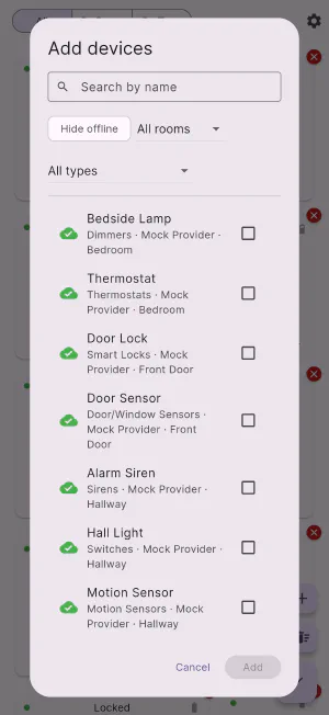 Flick's device picker on a phone, with search and filters