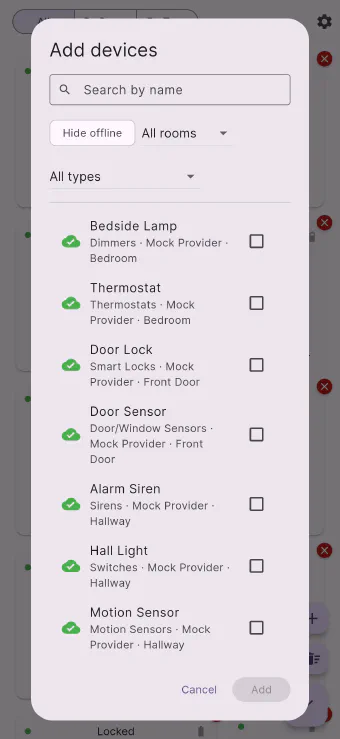Flick's add-devices picker on a phone, with a search field, room and type filters and a device checklist
