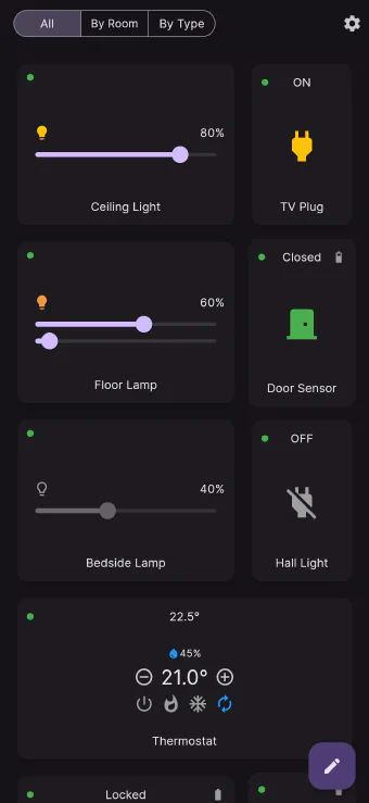 Flick's dashboard in dark theme, with dark cards and bright accent colours