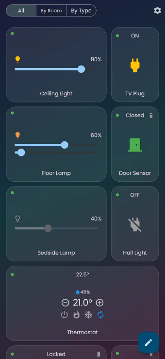 Flick's dashboard in the Glass skin: translucent frosted cards over a soft gradient background