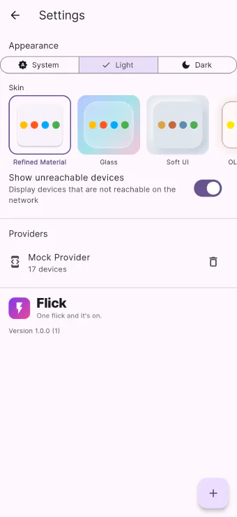 Flick's settings screen on a phone, showing appearance options and the list of connections
