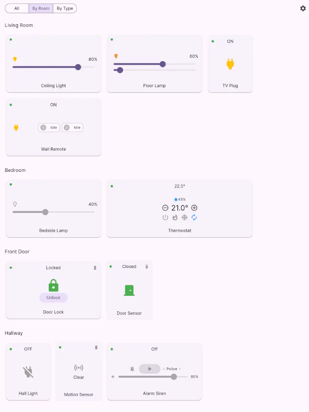 Flick on a large tablet in the By Room view, with several device cards per row under each room heading
