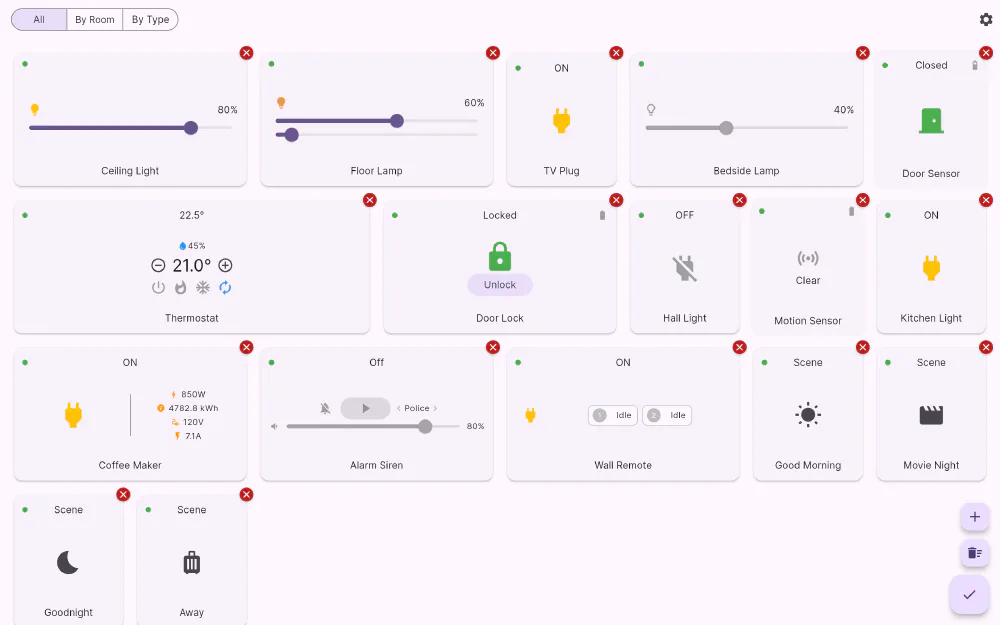 Flick in edit mode: tiles lifted for dragging, with controls to add devices and scenes to the grid