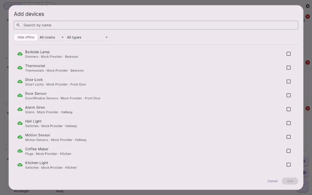Flick's add-devices picker: a search field, filters for room, type and reachability, and a checklist of devices showing each one's type and hub