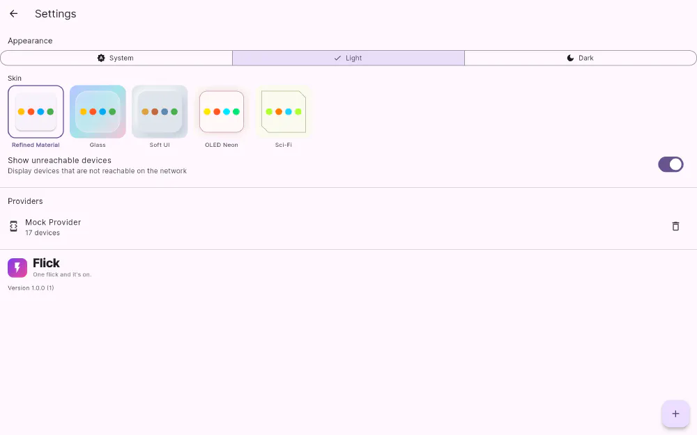Flick's settings screen: appearance and skin selection at the top, then a Providers list with a connected provider and its device count