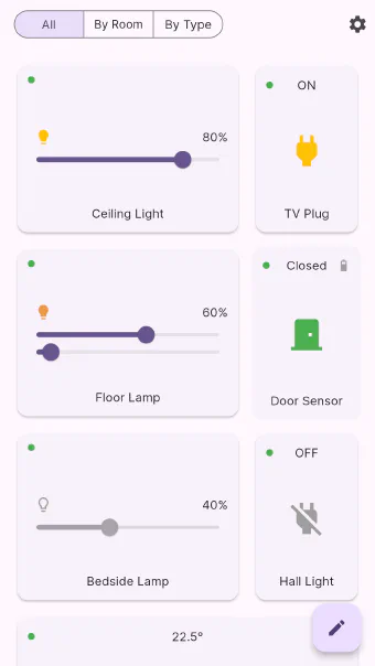 Flick's dashboard on a phone with live device status on every tile