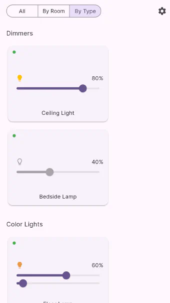 Flick's By Type view on a phone, showing dimmer, colour-light and plug cards under their own headings
