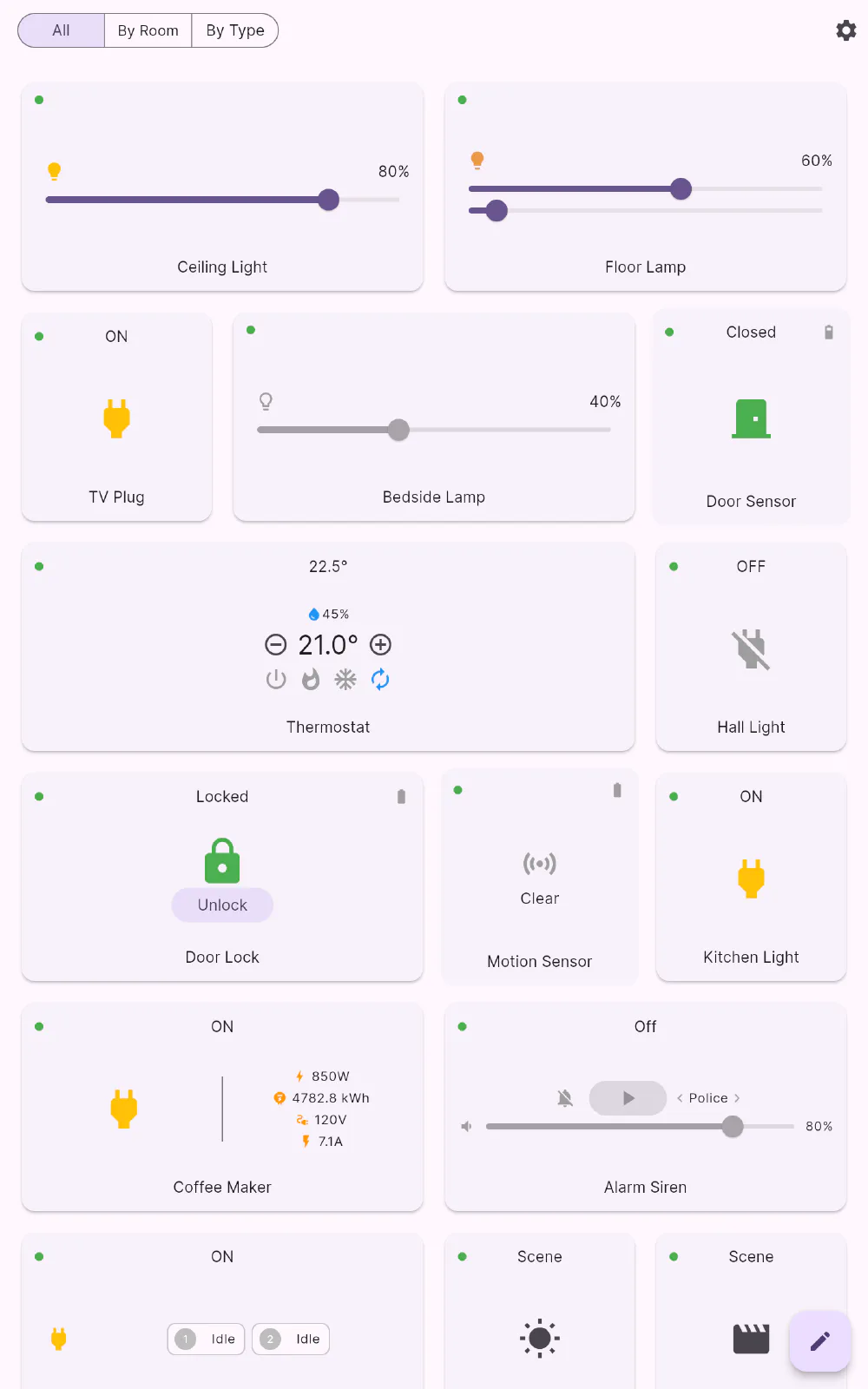 Flick on a tablet with scene tiles — Good Morning, Movie Night, Goodnight and Away — alongside device cards
