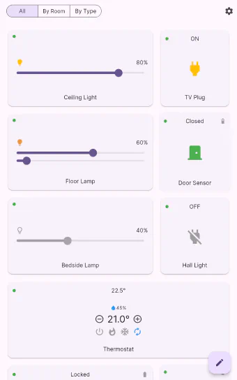Flick's dashboard on a small tablet, with Good Morning, Movie Night, Goodnight and Away scene tiles