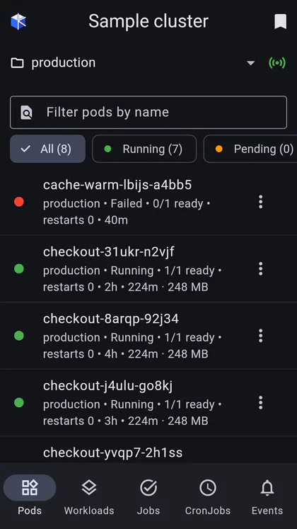 Pods with live CPU and memory