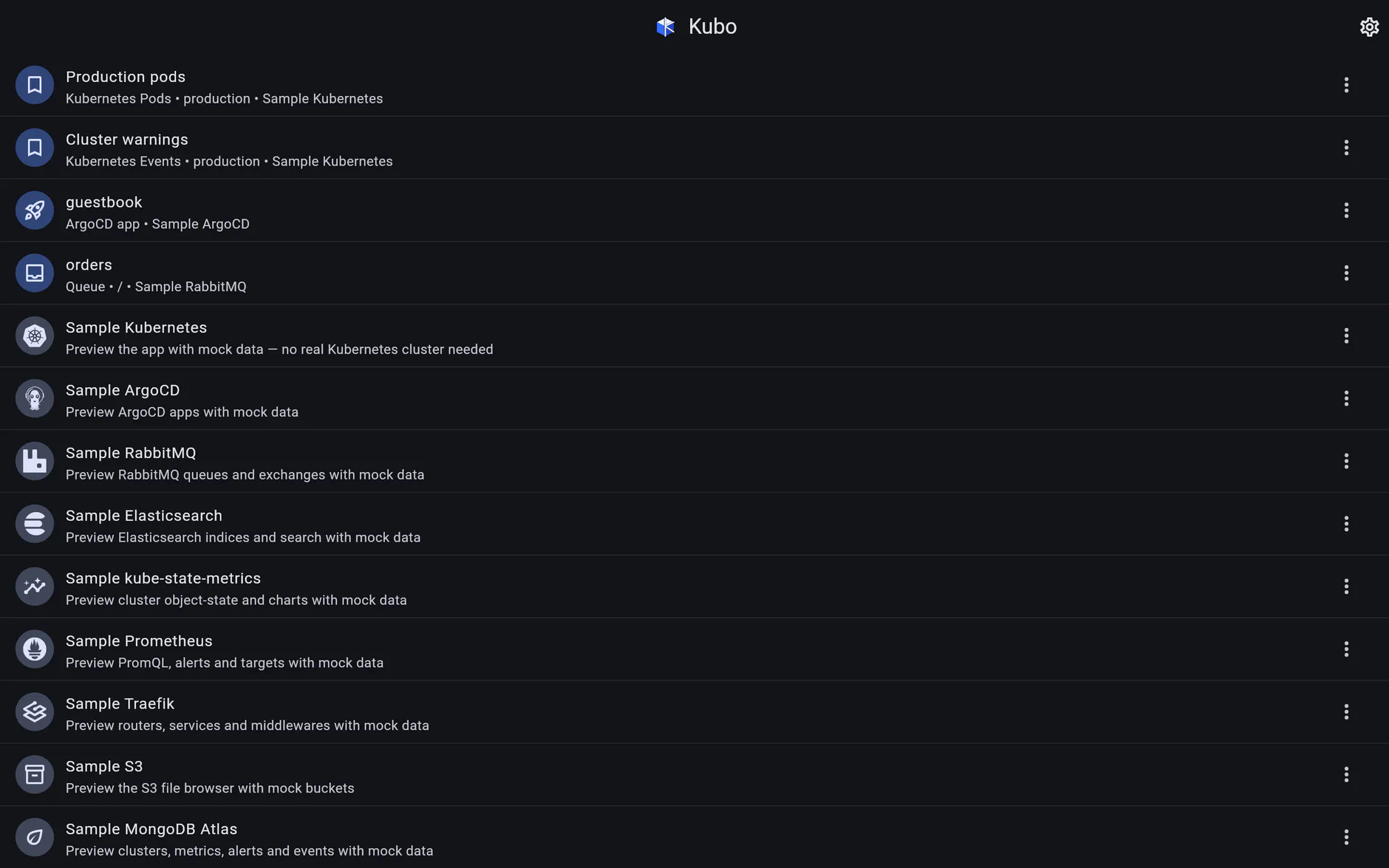 The Kubo connections screen: bookmarks and connections for Kubernetes, ArgoCD, RabbitMQ, Elasticsearch, kube-state-metrics, Prometheus, Traefik, S3 and MongoDB in one list