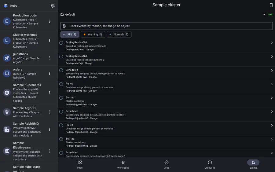 Namespace-scoped or cluster-wide, live over the watch API, with free-text search over reason, message and object.