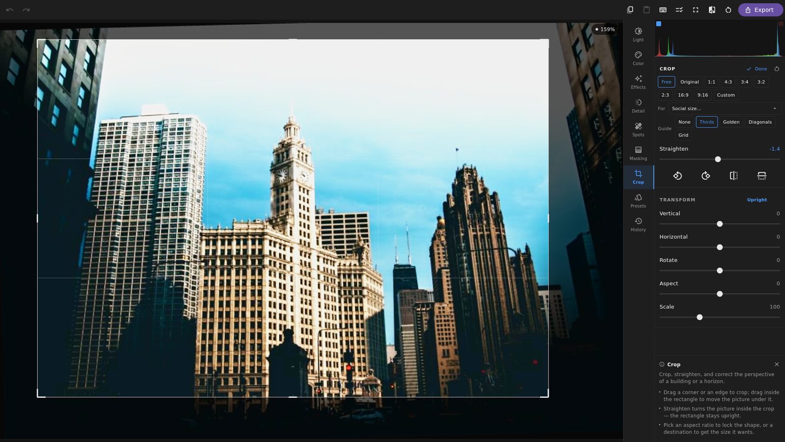The crop and transform panel with aspect ratio buttons, straighten, and perspective controls