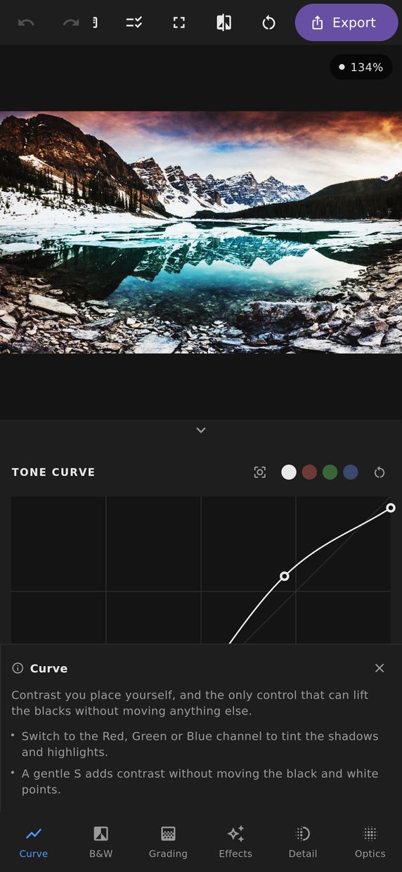 The tone curve panel with an S-curve drawn on the composite channel