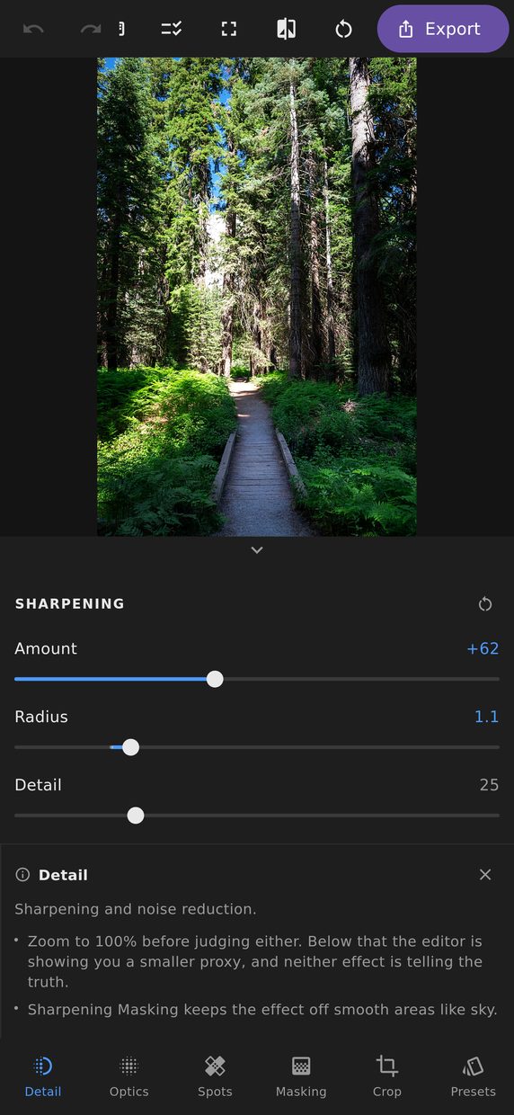 The detail panel with sharpening and noise reduction sliders