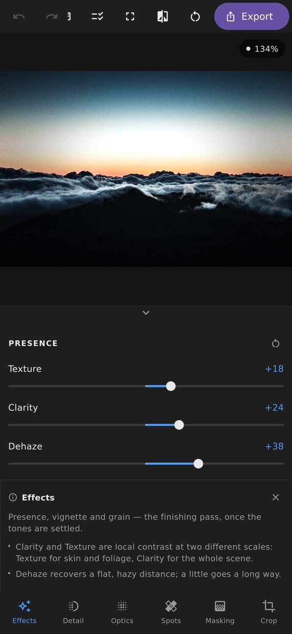 The effects panel showing texture, clarity, dehaze, vignette and grain controls