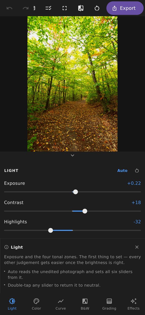 The Light panel open on a phone, showing exposure, contrast, highlights, shadows, whites and blacks with their values