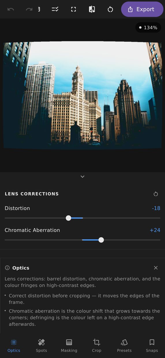 The optics panel showing distortion, chromatic aberration and defringe controls