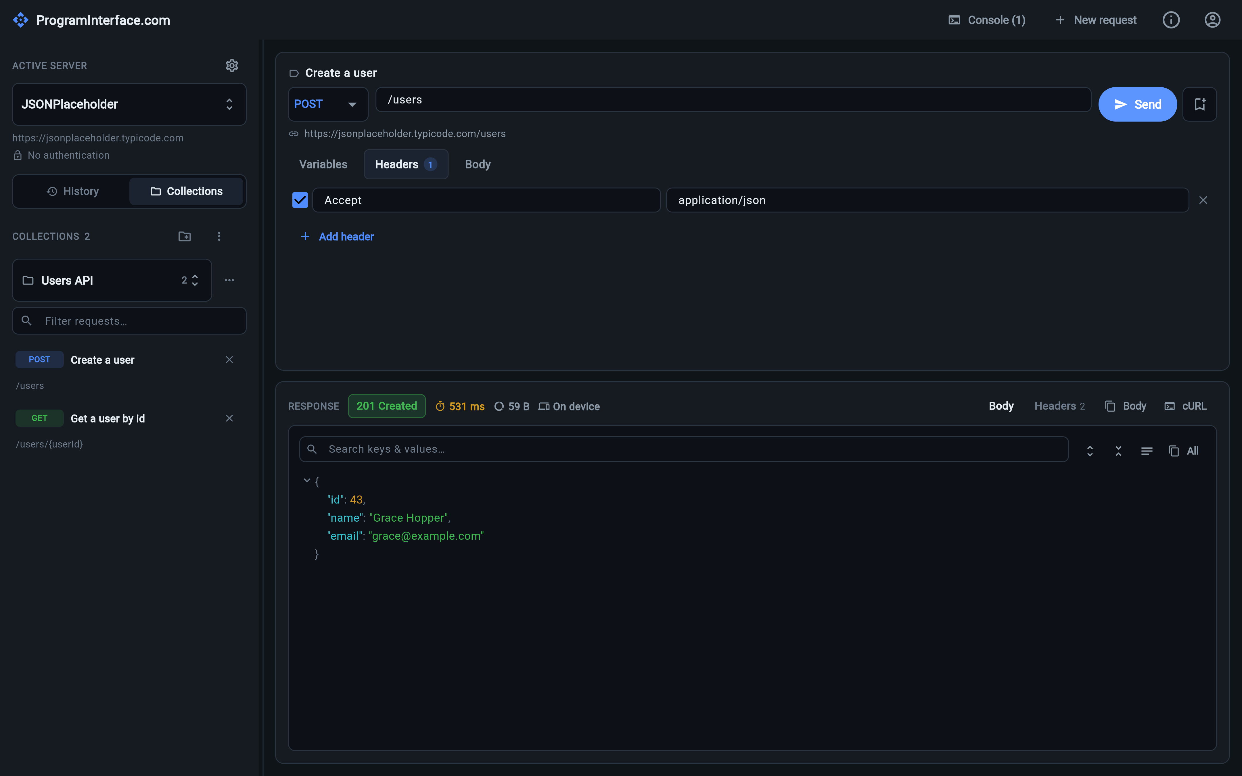 The Collections view in ProgramInterface.com: a Users API collection with two saved requests and a Posts collection with one, next to the request editor
