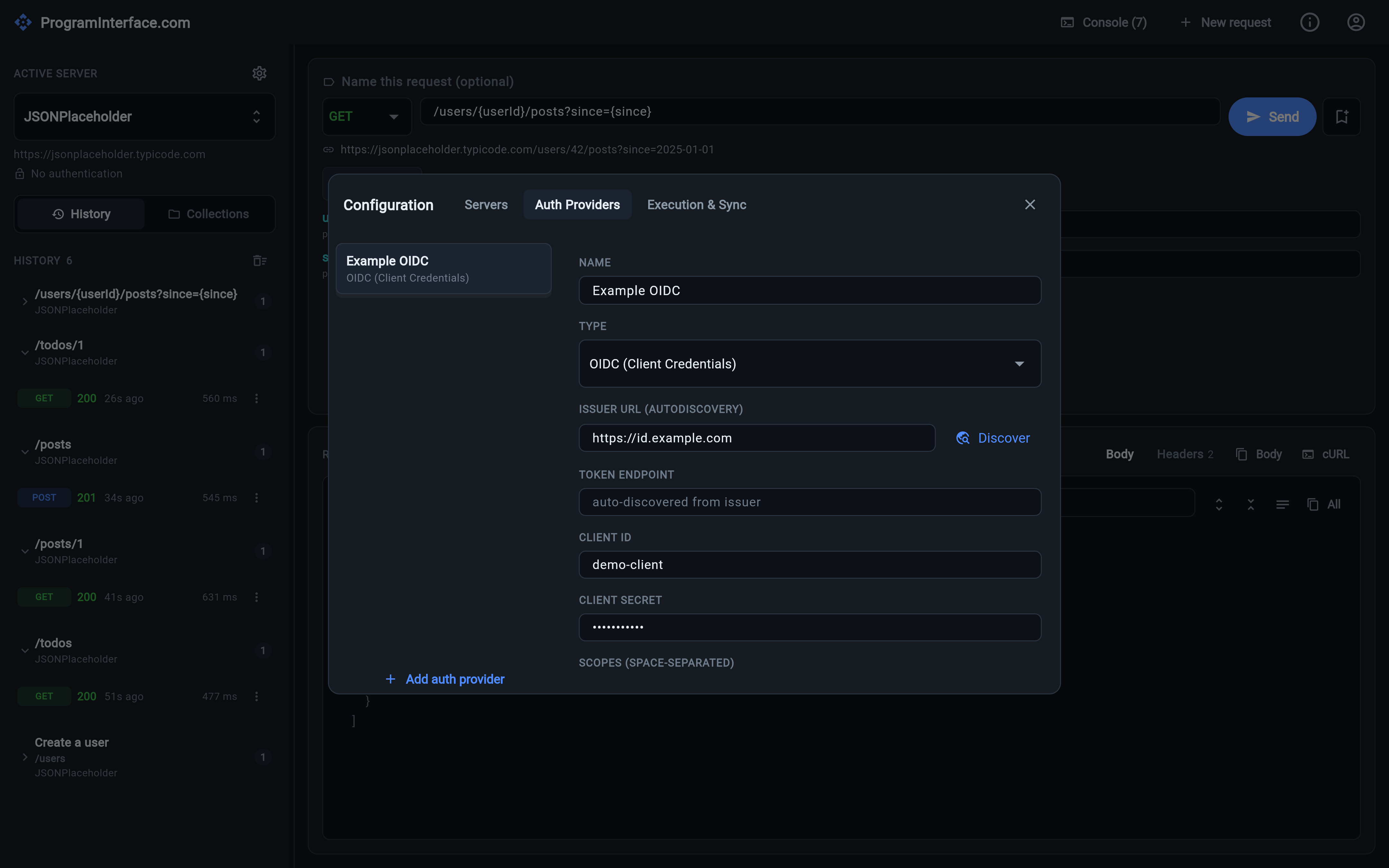 The Configuration dialog in ProgramInterface.com, showing an OIDC client-credentials auth provider with token endpoint, client id, client secret and scopes