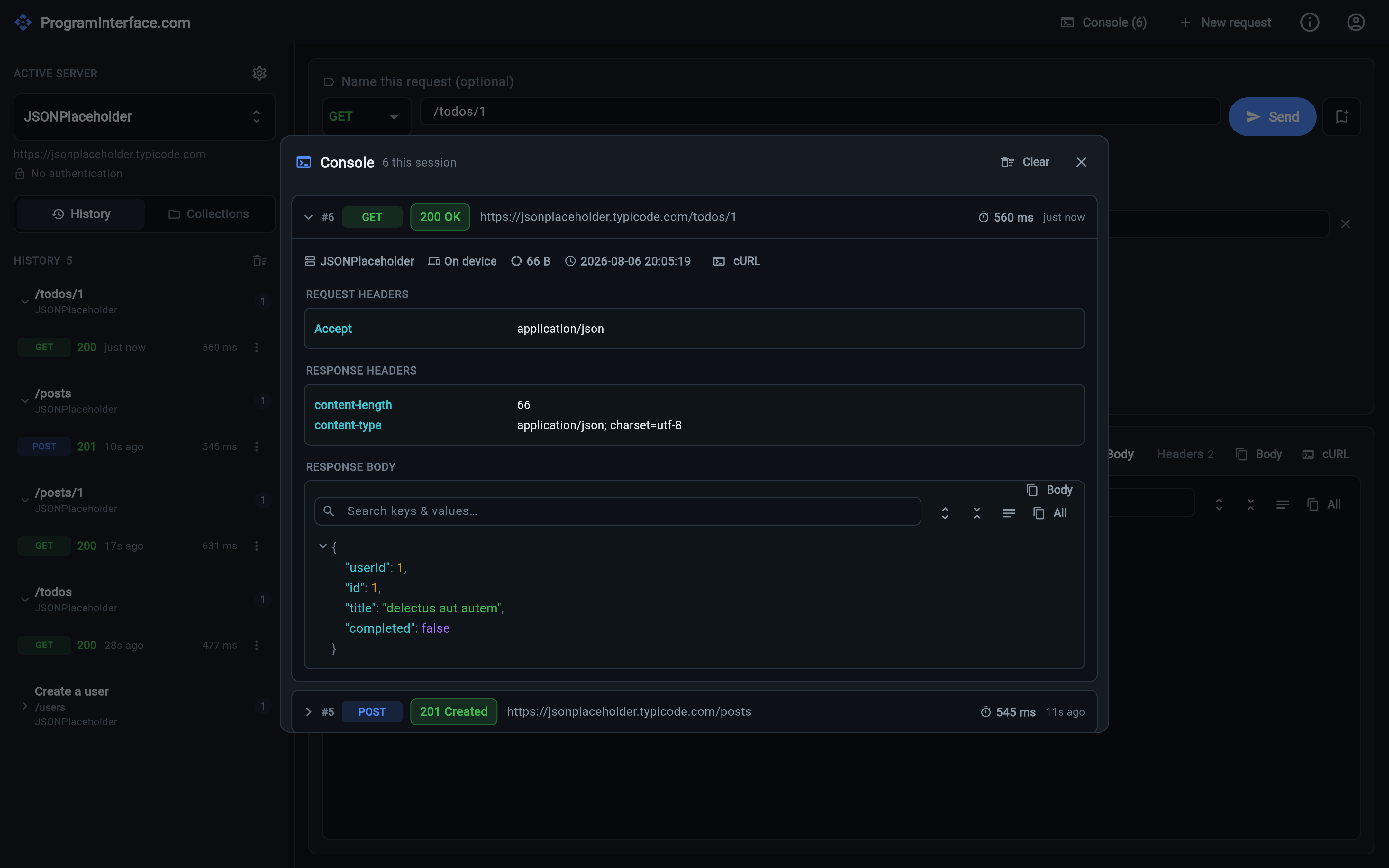 The Console in ProgramInterface.com: a GET request expanded to show its request headers, response headers and pretty-printed response body, with timing, size and a cURL button
