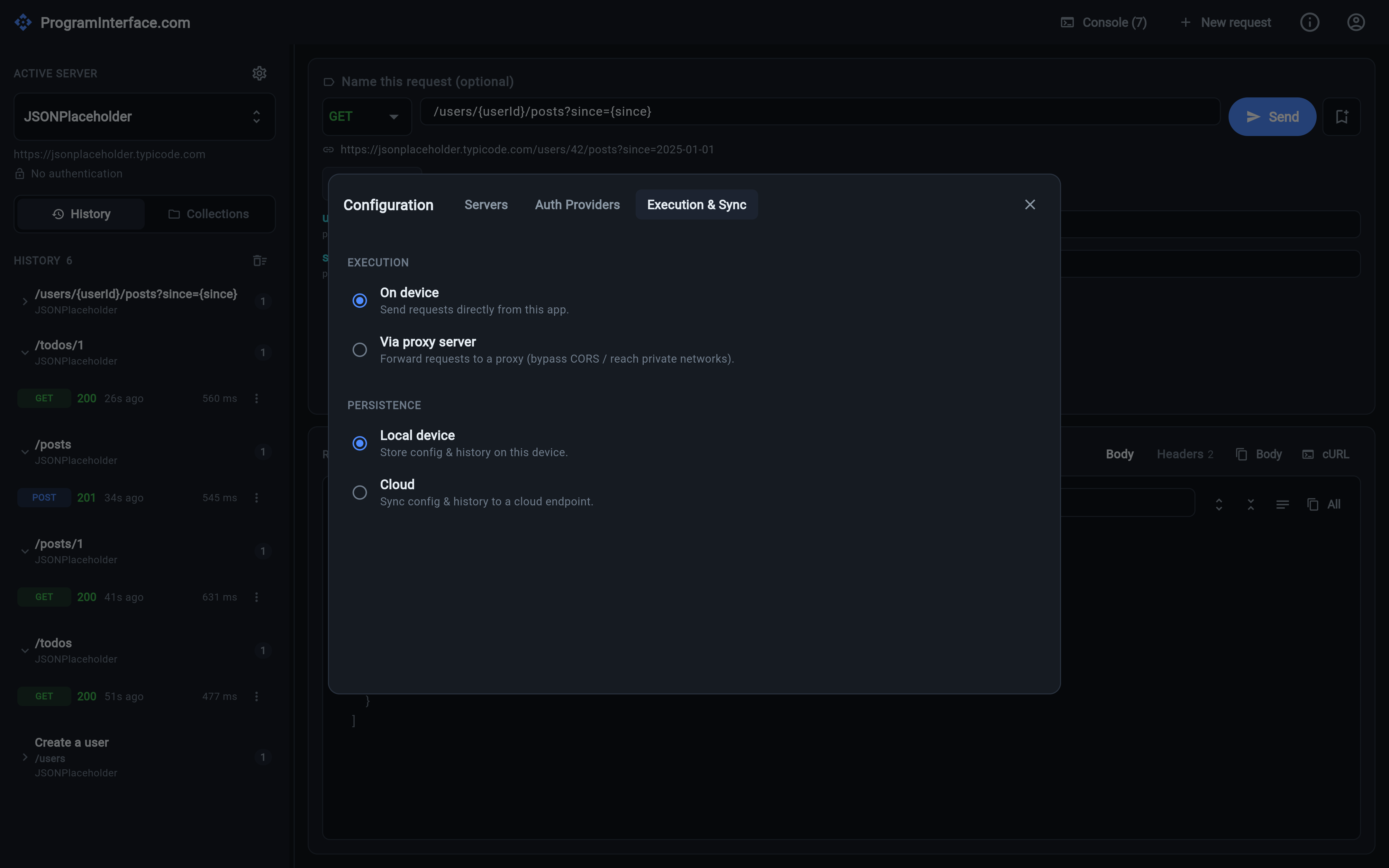 The Execution & Sync tab in ProgramInterface.com: On device versus Via proxy server, and Local device versus Cloud persistence