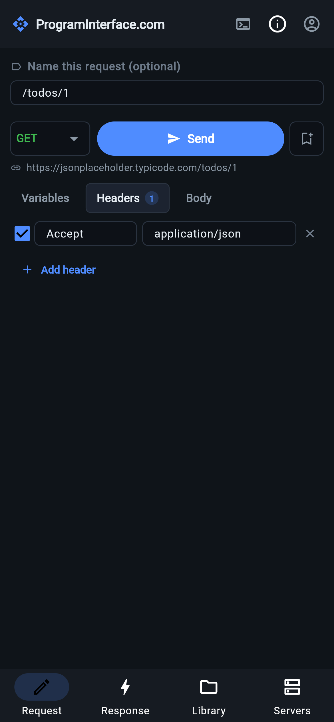 ProgramInterface.com on a phone: the request tab with method, path, resolved URL and headers, and a bottom navigation bar with Request, Response, Library and Servers