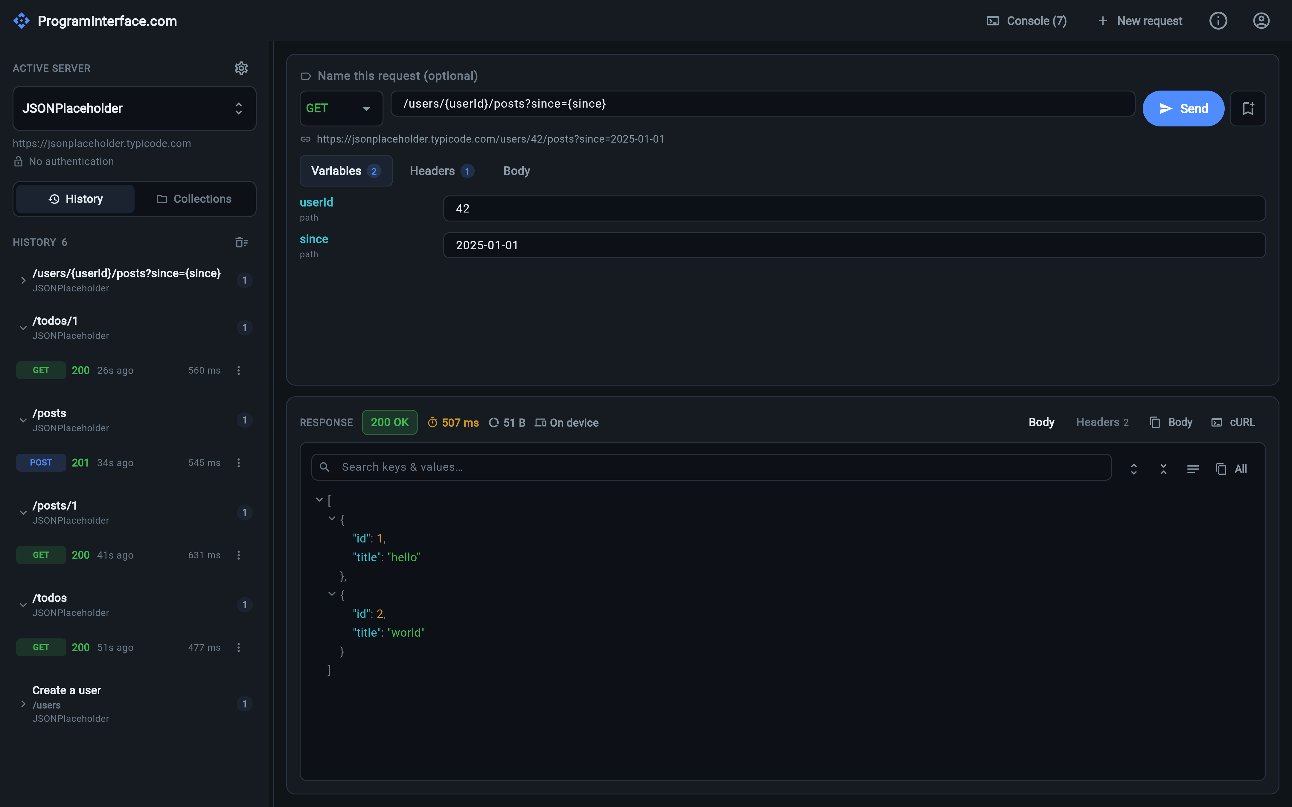 The Variables tab in ProgramInterface.com, with userId and since detected from the path /users/{userId}/posts?since={since} and filled in with values