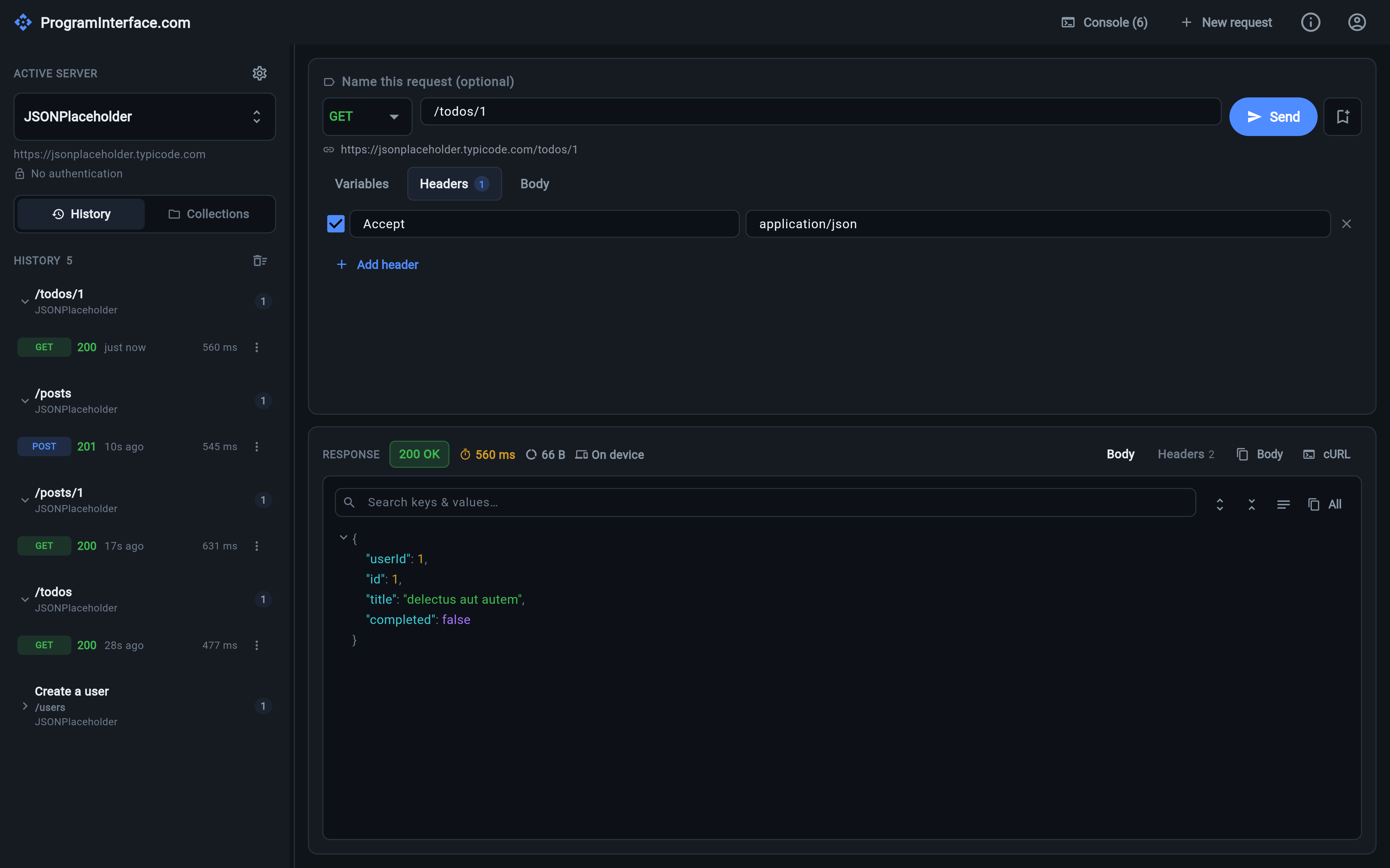 The ProgramInterface.com desktop layout: server sidebar with grouped history, request builder, and a timed response