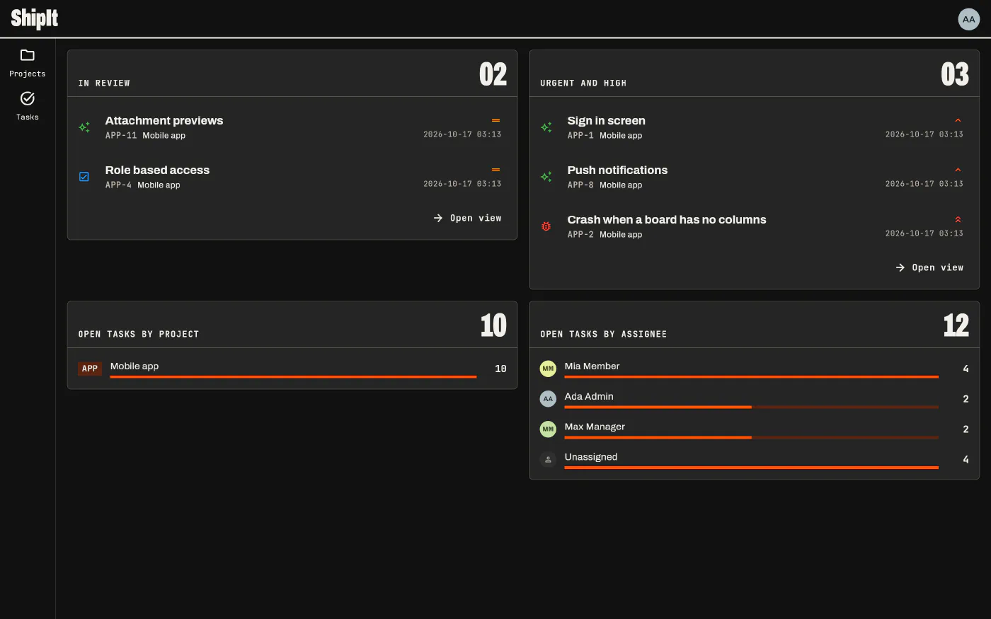 The home screen with two saved views and the open task counts