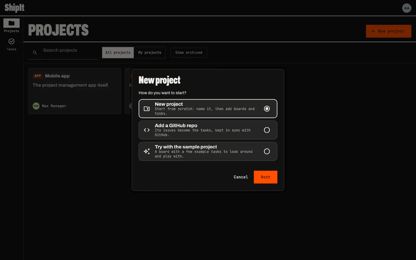 The New project wizard with three choices