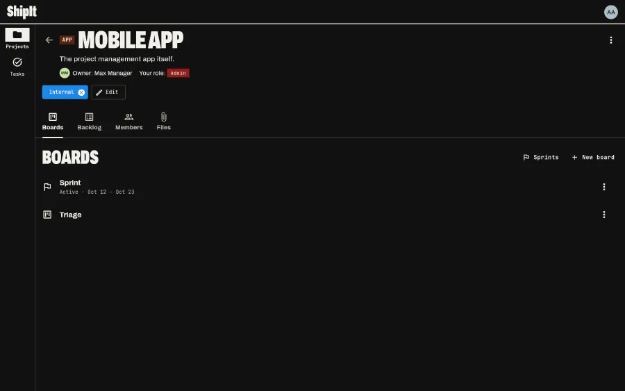 A project: Members, statuses, boards, tags and files.