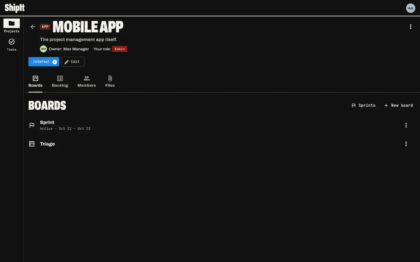 A project page with its members, statuses, boards and tags