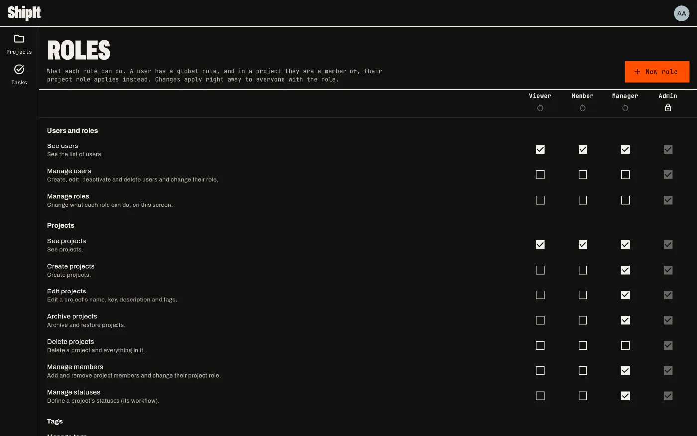 The roles screen