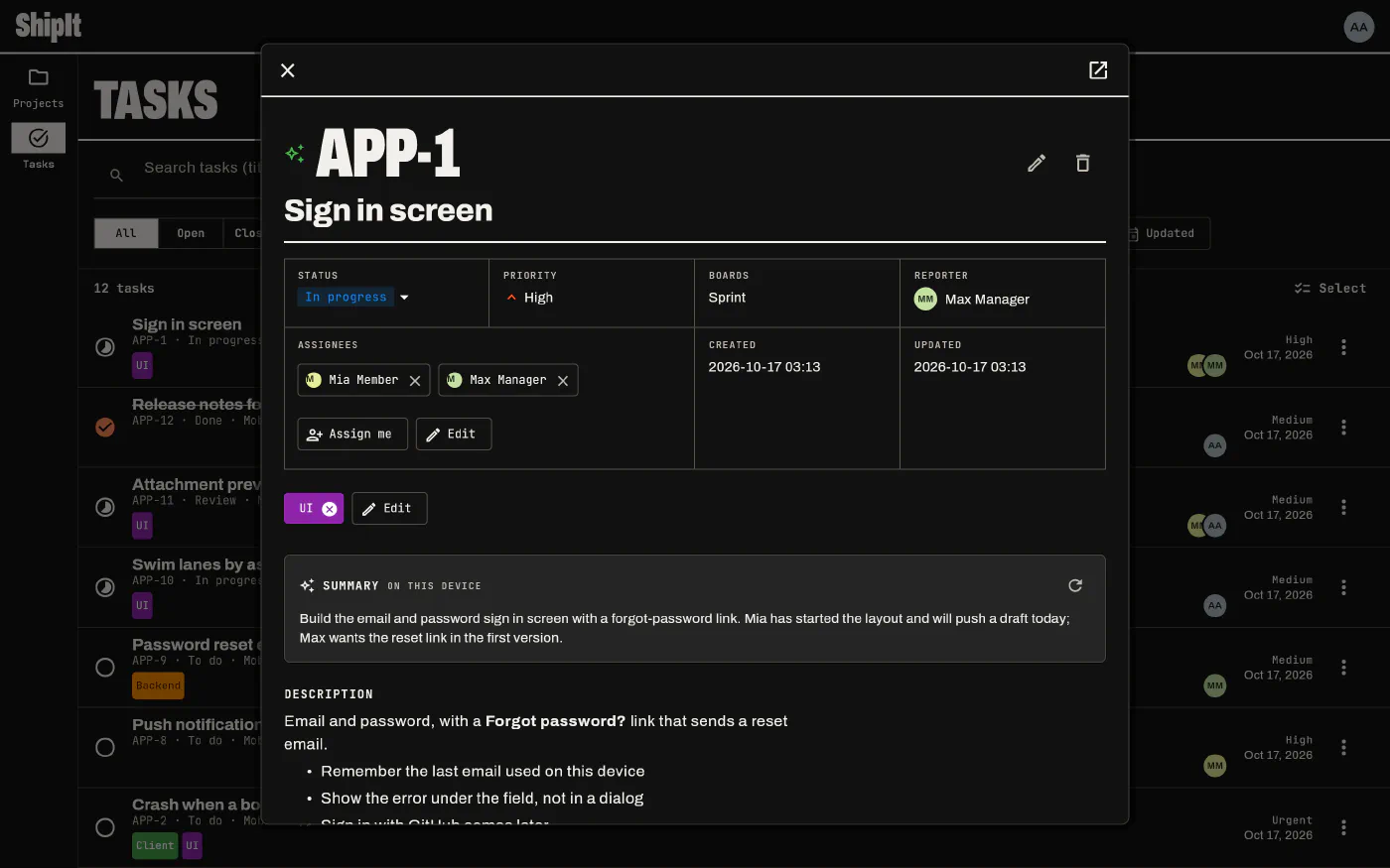 A task open in a dialog over the Tasks screen