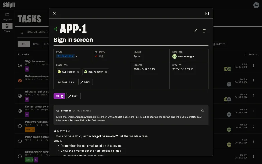 A task in a dialog: With the summary written on the device.