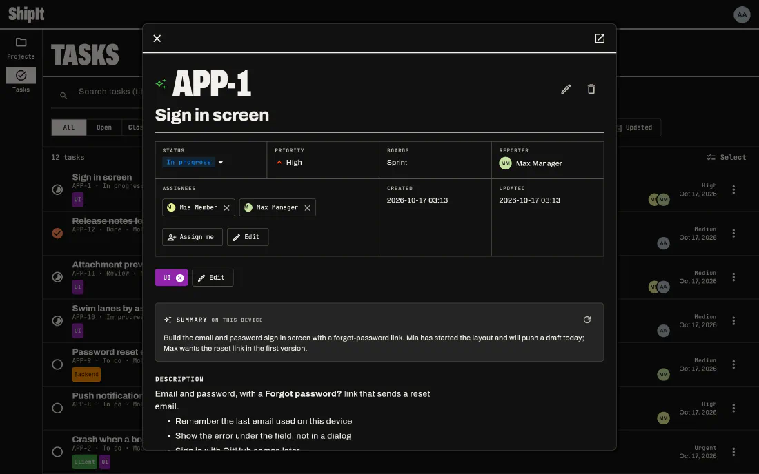 A task open in a dialog over the Tasks list: status, priority, boards, reporter, assignees, tags and an on-device summary