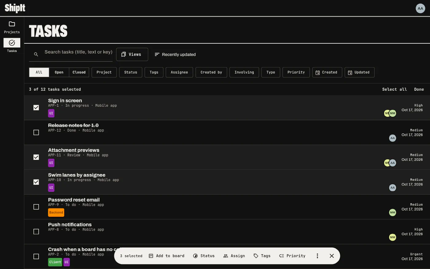 Three tasks selected on the Tasks screen, with the bar of actions at the bottom